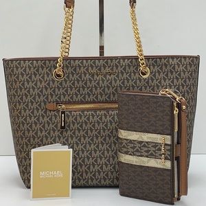 MICHAEL KORS Metallic Logo Chain Tote Bag & LARGE DOUBLE ZIP WRISTLET WALLET